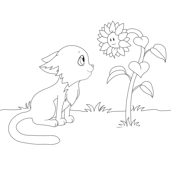 O gato e o girassol | Desenhos para colorir online para crianças
