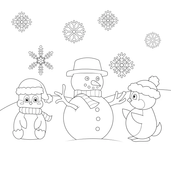 Pinguins com um boneco de neve | Desenhos para colorir online para crianças