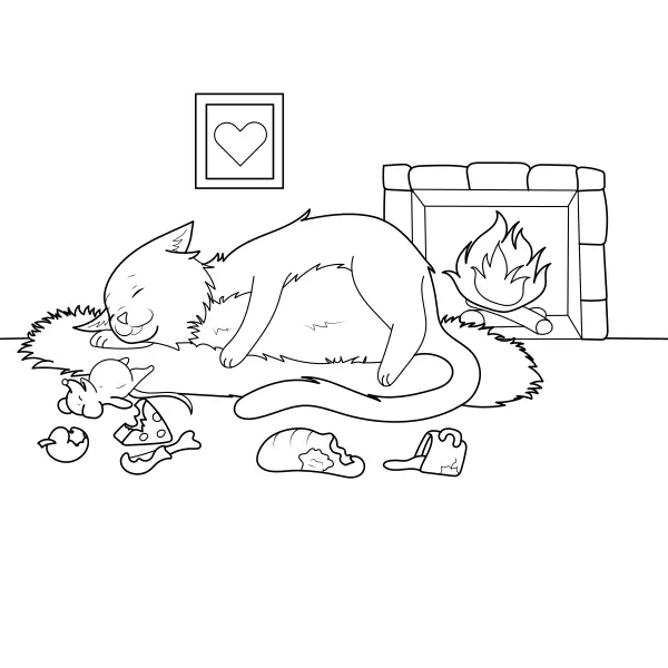 Um gato junto à lareira | Desenhos para colorir online para crianças