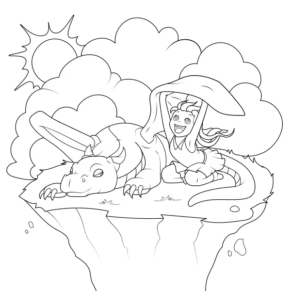 Menina a brincar com um dragão | Desenhos para colorir online para crianças