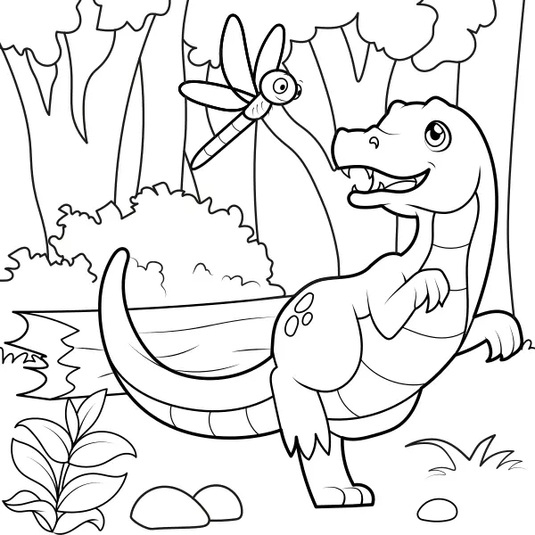 O dinossauro persegue uma libélula | Desenhos para colorir online para crianças