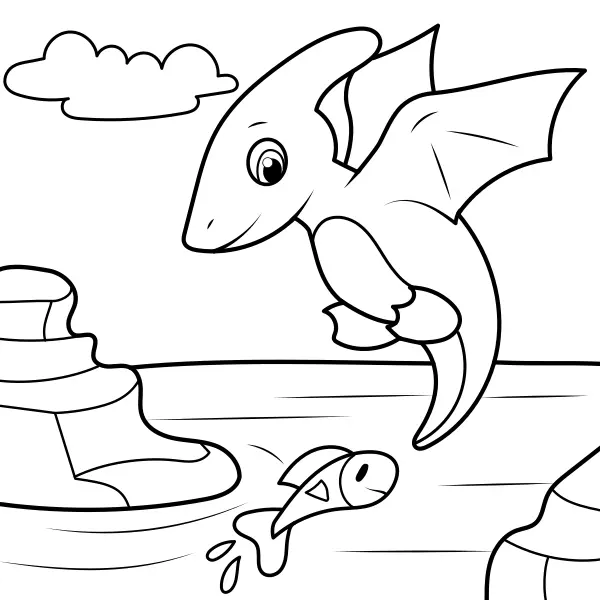 O dinossauro apanha um peixe | Desenhos para colorir online para crianças