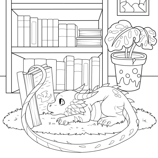 O dragão lê livros | Desenhos para colorir online para crianças