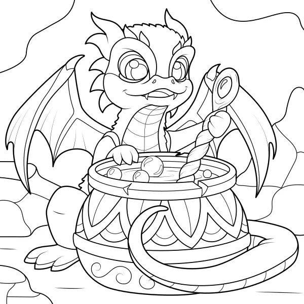 O dragão prepara o elixir | Desenhos para colorir online para crianças