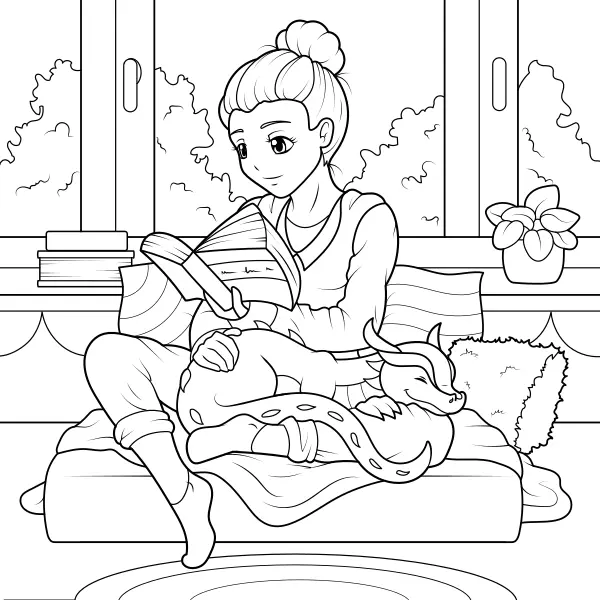 A rapariga está a ler com o dragão | Desenhos para colorir online para crianças