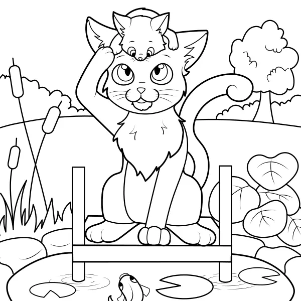 Os gatos observam o peixe | Desenhos para colorir online para crianças