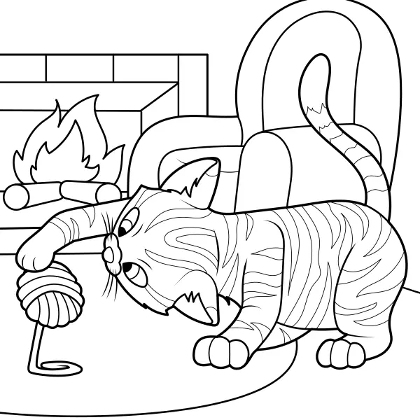 O gato está a brincar com um novelo de lã | Desenhos para colorir online para crianças