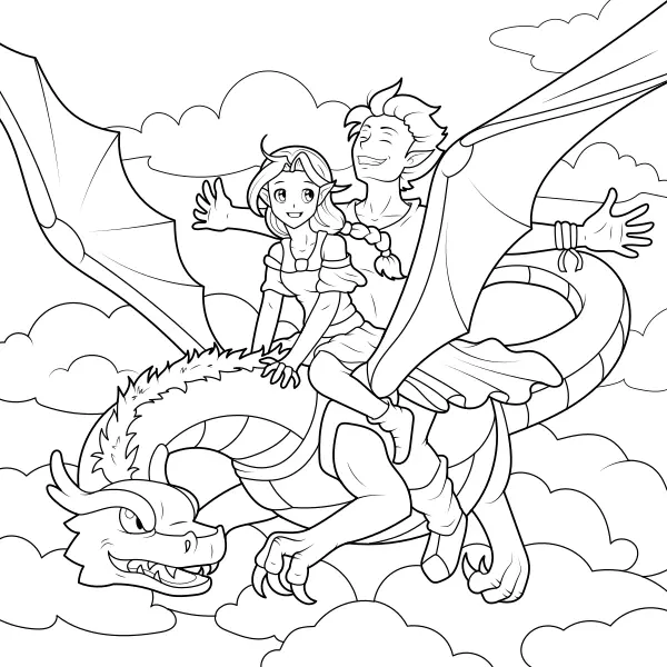 Os elfos voam num dragão | Desenhos para colorir online para crianças