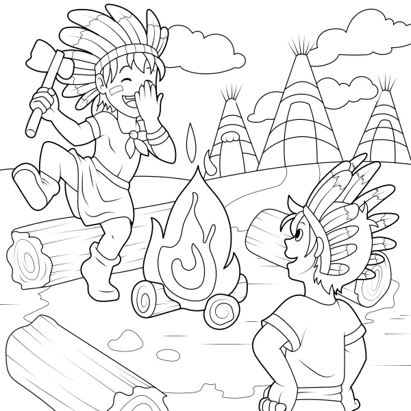 Índios junto à fogueira | Desenhos para colorir online para crianças