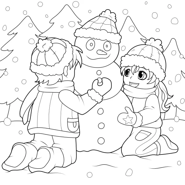 As crianças estão a fazer um boneco de neve | Desenhos para colorir online para crianças