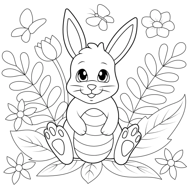 Coelho da Páscoa, ovo e flores | Desenhos para colorir online para crianças