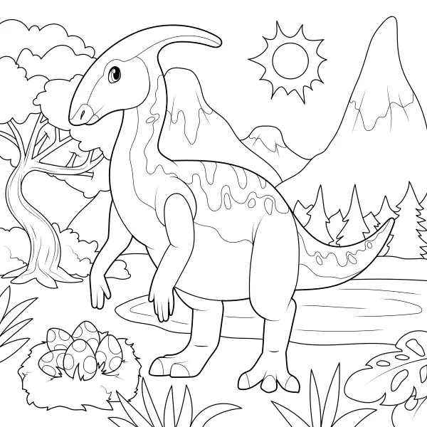Parasaurolophus com um ninho | Desenhos para colorir online para crianças