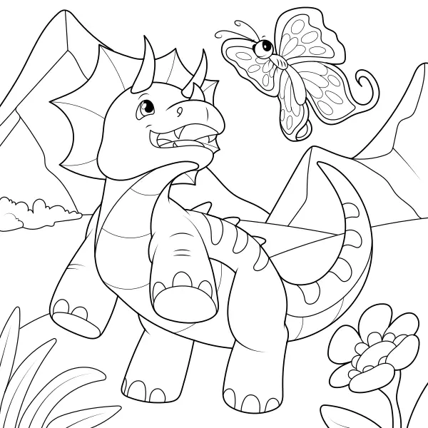 O Triceratops e a borboleta | Desenhos para colorir online para crianças