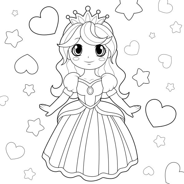 A princesa, os corações e as estrelas | Desenhos para colorir online para crianças