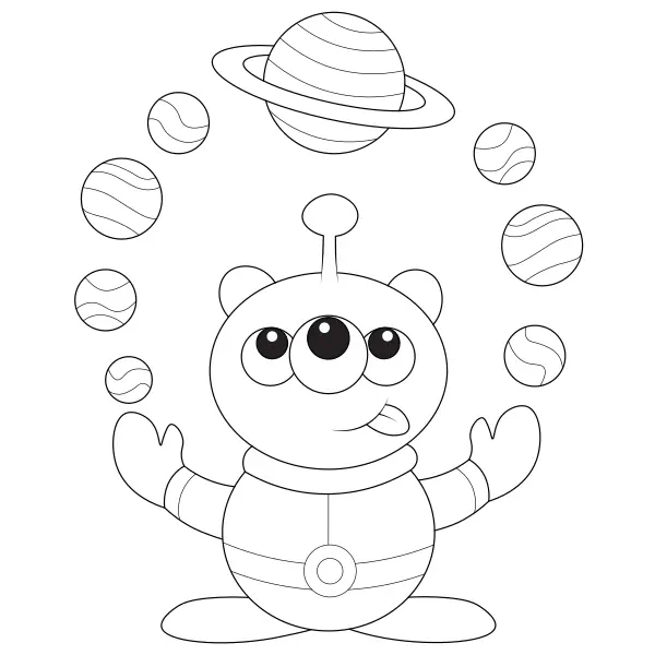 Um extraterrestre faz malabarismos com planetas | Desenhos para colorir online para crianças
