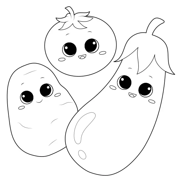 Berinjela, tomate e batata | Desenhos para colorir online para crianças