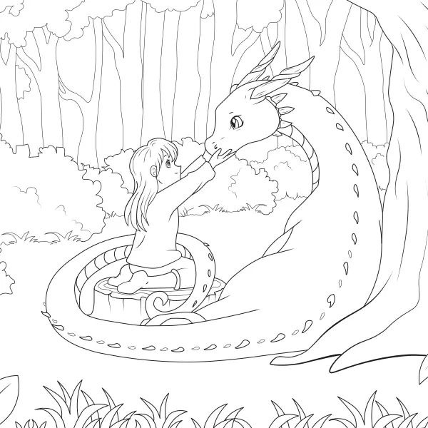 A rapariga com o dragão | Desenhos para colorir online para crianças