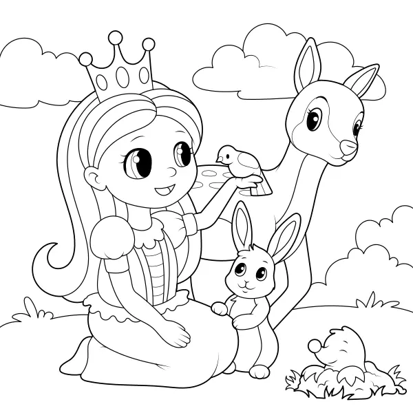 A princesa e os animais | Desenhos para colorir online para crianças