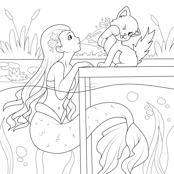 A sereia e o gato | Desenhos para colorir online para crianças