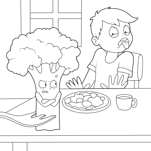 O rapaz não quer brócolos | Desenhos para colorir online para crianças